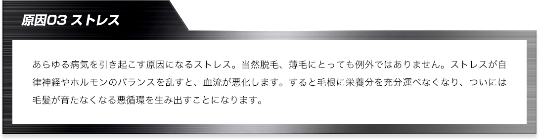 あらゆる病気を引き起こす原因になるストレス。当然脱毛、薄毛にとっても例外ではありません。ストレスが自律神経やホルモンのバランスを乱すと、血流が悪化します。すると毛根に栄養分を充分運べなくなり、ついには毛髪が育たなくなる悪循環を生み出すことになります。